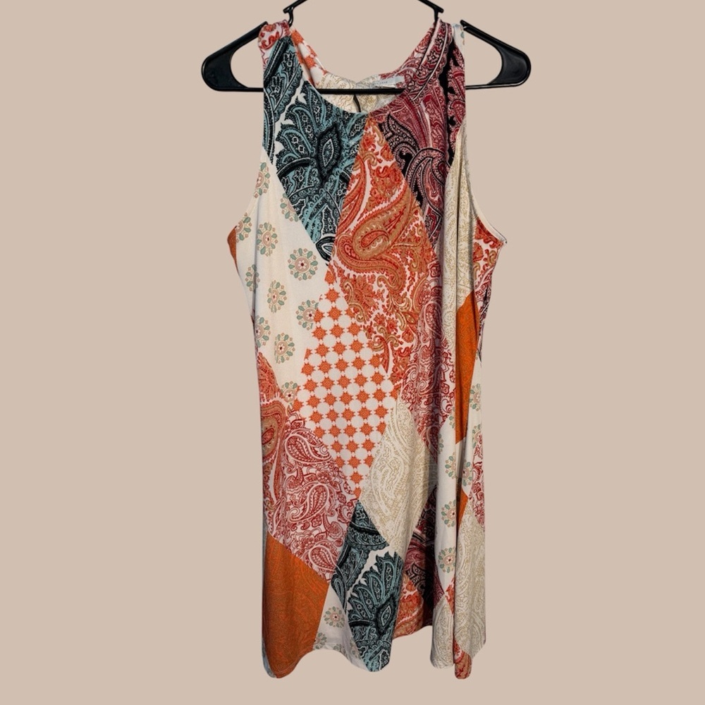 Cato Patchwork Paisley Mini Length Dress in Orange, Cream & Teal size L